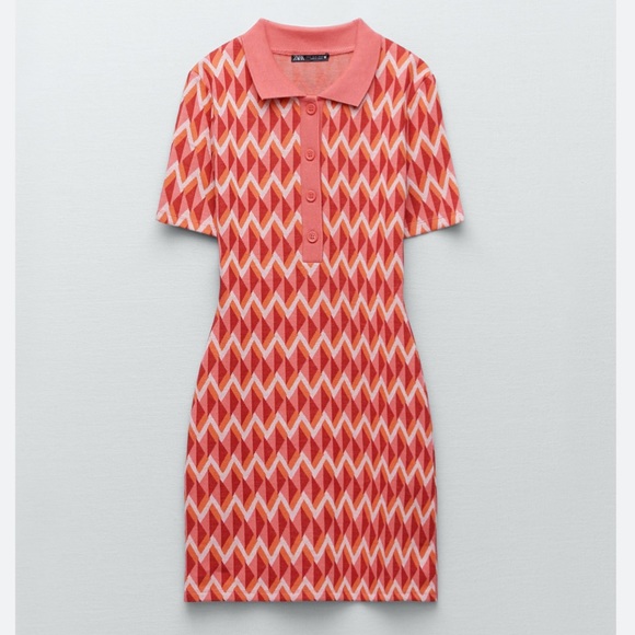 RARE! NWT Zara Jacquard Printed Mod Button-Up Knit Collared Polo Dress (S/XS) - Picture 6 of 8